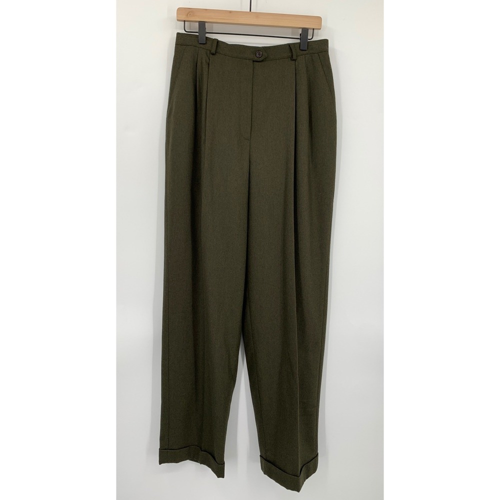 Vintage Ralph Lauren Pants Womens 12 Green 100% Wool Pleated Cuff Trousers NEW